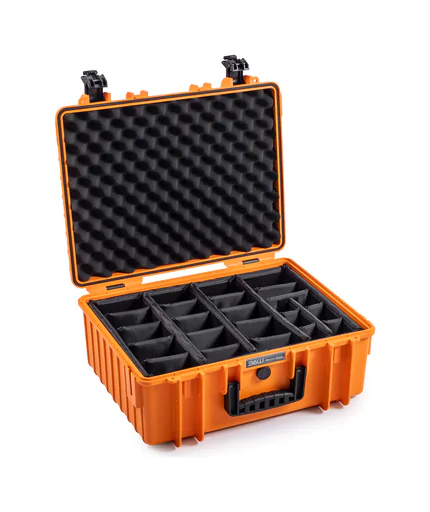 B&W Outdoor Case Type 6000 (PP.326): Orange - Three-Quarter Front Open Dividers