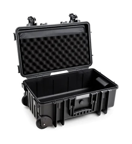 B&W Outdoor Case Type 6600 (PP.260) with Wheels: Black - Three-Quarter Front Open Lid Foam