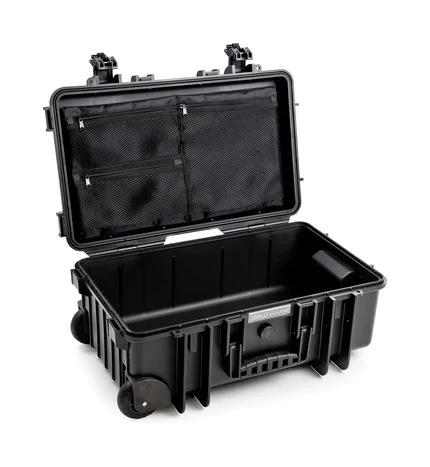 B&W Outdoor Case Type 6600 (PP.260) with Wheels: Black - Three-Quarter Front Open Lid Organiser