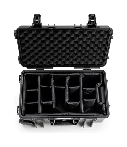 B&W Outdoor Case Type 6600 (PP.260) with Wheels: Black - Top View Open Dividers