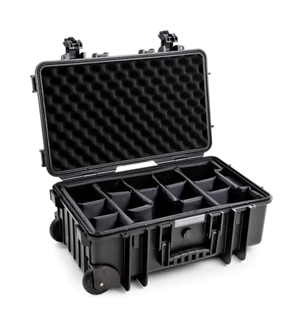 B&W Outdoor Case Type 6600 (PP.260) with Wheels: Black - Three-Quarter Front Open Dividers