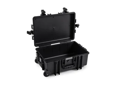 B&W Outdoor Case Type 6700 (PP.428) with Wheels: Black - Three-Quarter Front Open