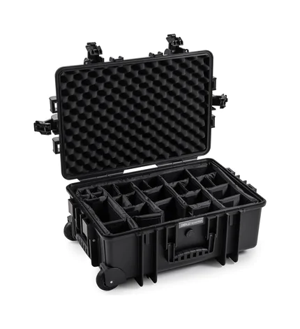 B&W Outdoor Case Type 6700 (PP.428) with Wheels: Black - Three-Quarter Front Open Dividers