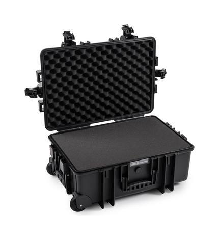 B&W Outdoor Case Type 6700 (PP.428) with Wheels: Black - Three-Quarter Front Open Foam