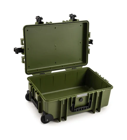 B&W Outdoor Case Type 6700 (PP.428) with Wheels: Bronze Green - Three-Quarter Front Open