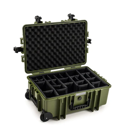 B&W Outdoor Case Type 6700 (PP.428) with Wheels: Bronze Green - Three-Quarter Front Open Dividers