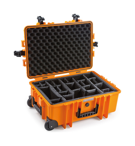 B&W Outdoor Case Type 6700 (PP.428) with Wheels: Orange - Three-Quarter Front Open Dividers