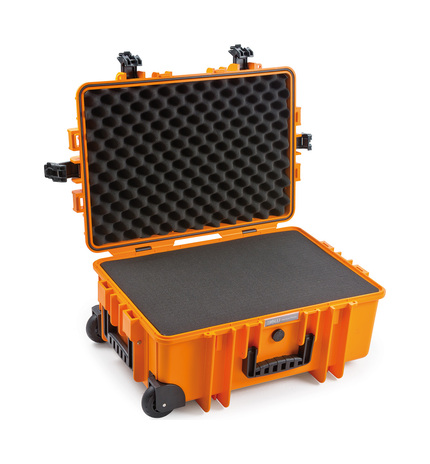 B&W Outdoor Case Type 6700 (PP.428) with Wheels: Orange - Three-Quarter Front Open Foam