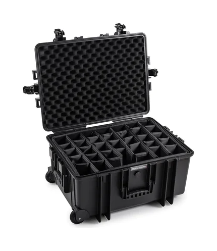 B&W Outdoor Case Type 6800 (PP.709) with Wheels: Black - Three-Quarter Front Open Dividers