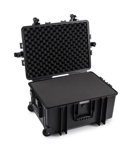 B&W Outdoor Case Type 6800 (PP.709) with Wheels: Black - Three-Quarter Front Open Foam