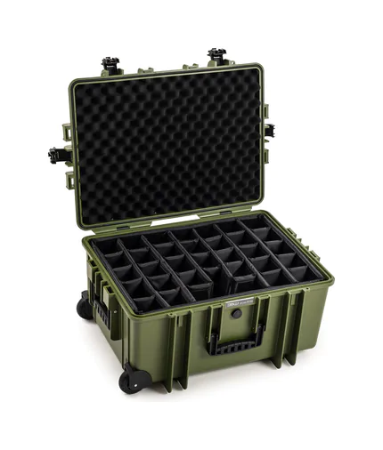B&W Outdoor Case Type 6800 (PP.709) with Wheels:  Bronze Green - Three-Quarter Front Open Dividers