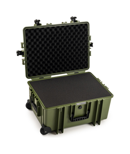 B&W Outdoor Case Type 6800 (PP.709) with Wheels: Bronze Green - Three-Quarter Front Open Foam
