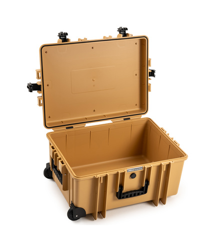 B&W Outdoor Case Type 6800 (PP.709) with Wheels: Desert Tan - Three-Quarter Front Open