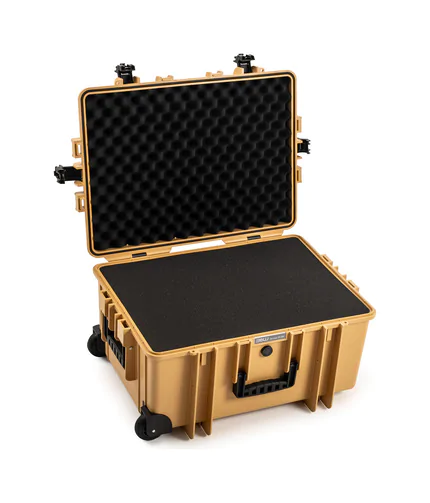 B&W Outdoor Case Type 6800 (PP.709) with Wheels: Desert Tan - Three-Quarter Front Open Foam