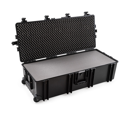 B&W Outdoor Case Type 7300 (PP.1450) with Wheels: Black - Three-Quarter Open with Foam