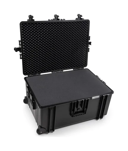 B&W Outdoor Case Type 7800 (PP.1570) with Wheels: Black - Three-Quarter Front Open Foam
