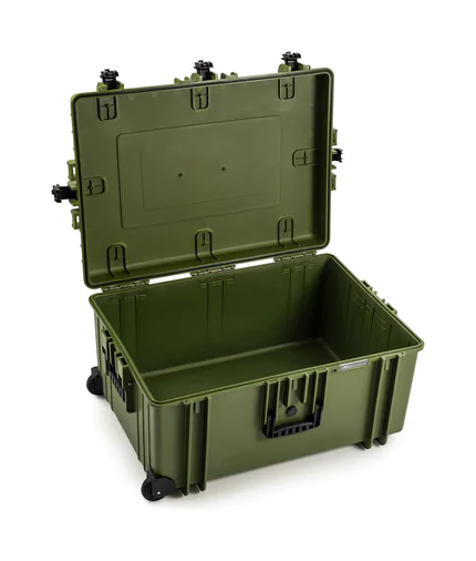 B&W Outdoor Case Type 7800 (PP.1570) with Wheels: Bronze Green - Three-Quarter Front Open