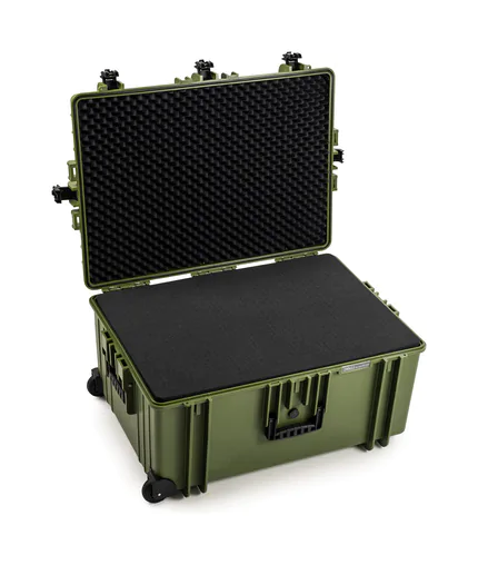 B&W Outdoor Case Type 7800 (PP.1570) with Wheels: Bronze Green - Three-Quarter Front Open Foam
