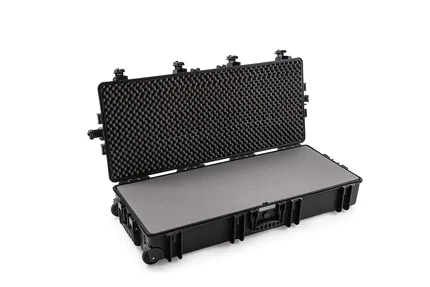B&W Outdoor Case Type 7200 (PP.860) with Wheels: Black - Three-Quarter Open with Foam
