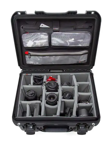 Nanuk 933 Waterproof Hard Case - Black - With padded divider set and lid organiser - View showing inside view of case