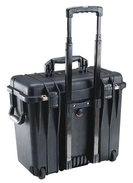 Peli 1440 Top-Loader Case - Black - Outside three-quarter rear view showing retractable handle half extended