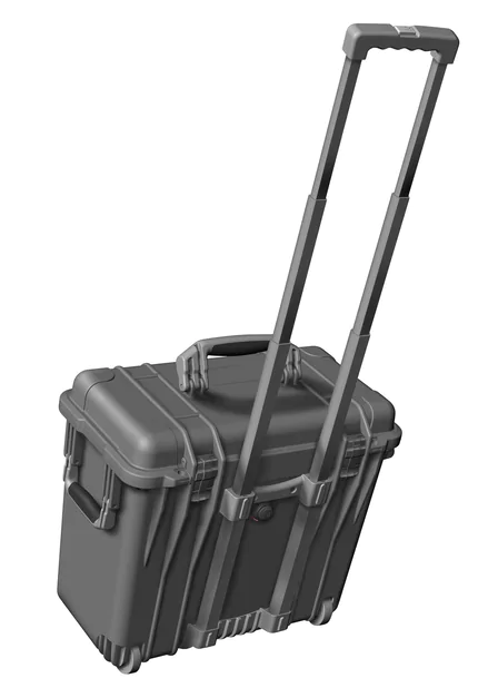 Peli 1440 Top-Loader Case - Black - Outside three-quarter rear view showing retractable handle fully extended (3D render, not photo)