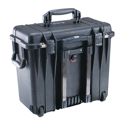 Peli 1440 Top-Loader Case - Black - Outside three-quarter rear view showing retractable handle full retracted