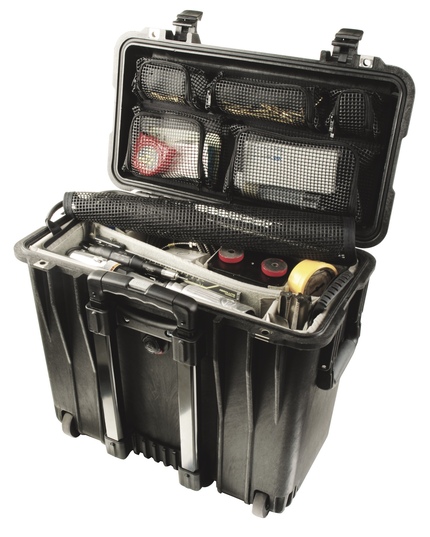 Peli 1440 Top-Loader Case - Black - Inside view with Utility Divider Set, Lid Organiser and example contents.