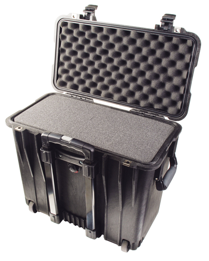 Peli 1440 Top-Loader Case - Black - Inside view with foam set. Also shows back of case and retractable handle.