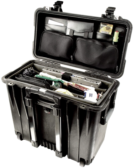 Peli 1440 Top-Loader Case - Black - Inside view with Office Divider Set, Lid Organiser and example contents.