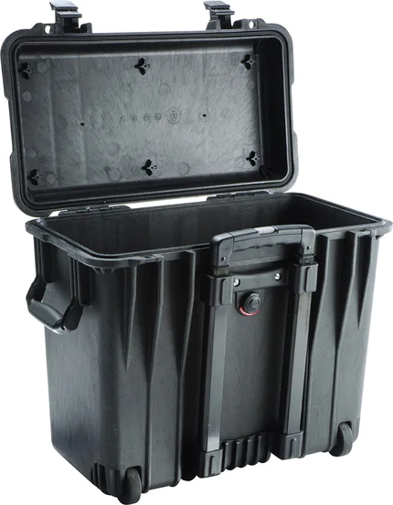 Peli 1440 Top-Loader Case - Black - Inside view when case empty. Also shows back of case and retractable handle.