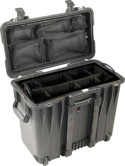 Peli 1440 Top-Loader Case - Black - Inside view with Utility Divider Set and Lid Organiser.