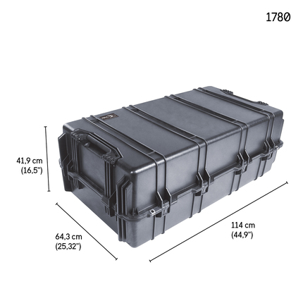 Peli 1780RF Rifle Case - Outside three-quarter view (case closed) - with dimensions superimposed