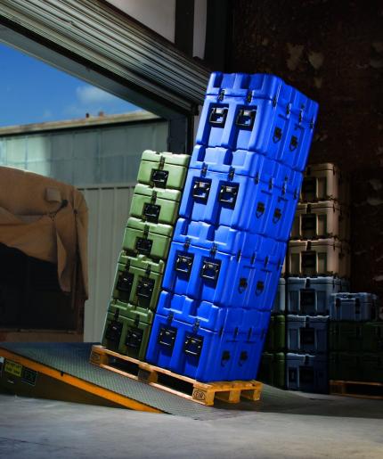 Peli ISP2 Rotomoulded Cases stacked on a Europallet on a slope