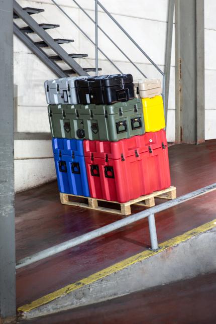 Peli ISP2 Rotomoulded Cases stacked on Europallet in a slope
