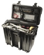 Peli 1440 Top-Loader Case - Black - Inside view with Utility Divider Set, Lid Organiser and example contents.