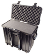 Peli 1440 Top-Loader Case - Black - Inside view with foam set. Also shows back of case and retractable handle.