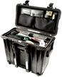 Peli 1440 Top-Loader Case - Black - Inside view with Office Divider Set, Lid Organiser and example contents.